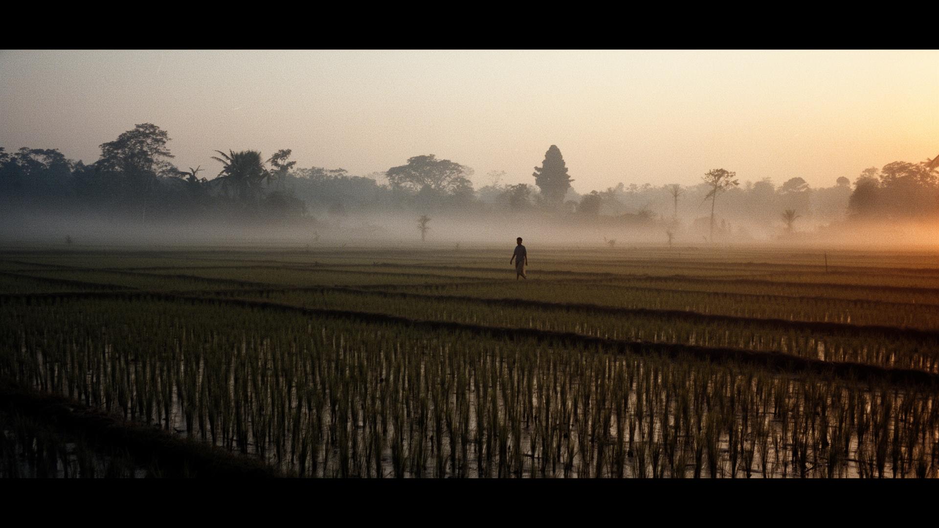 Trailer still — figure walking through misted rice fields at dawn